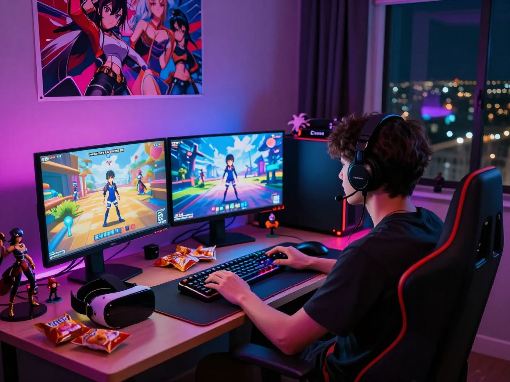 Engaging player enjoying hentai games on dual monitors with vibrant visuals