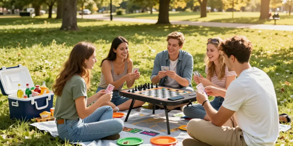Outdoor gaming gathering enjoying rokok88 daftar with friends at a sunny park.