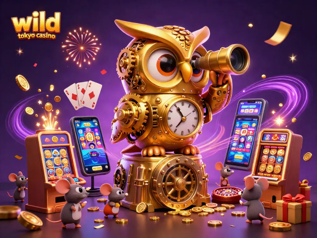 Experience the excitement of wild tokyo casino with a lively 3D illustration of various gaming elements.