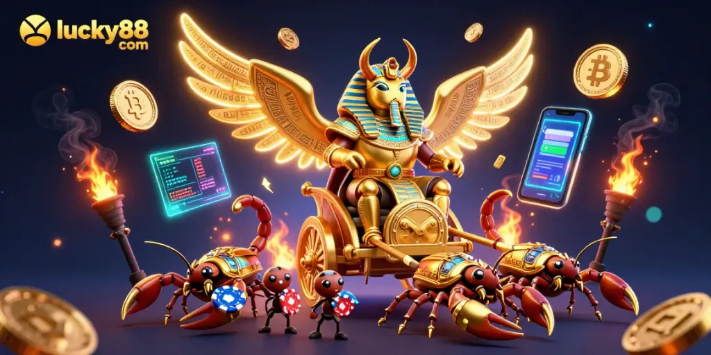 Experience thrilling gaming with lucky88 com in this vibrant 3D casino illustration featuring dynamic characters and crypto elements.
