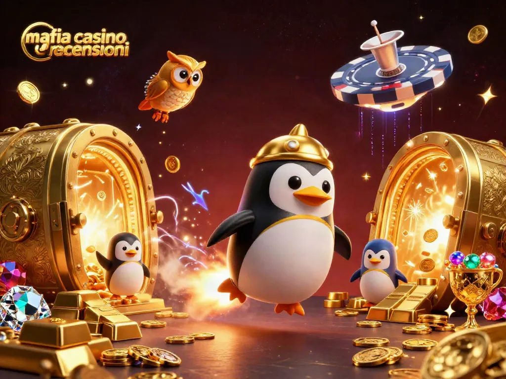 Mafia casino recensioni showcases a golden penguin and casino space imagery, highlighting exciting gaming action.
