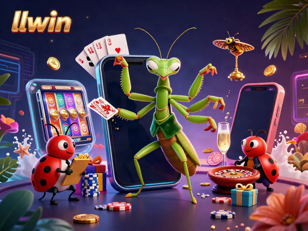 Experience thrilling wins with llwin, featuring a vibrant 3D casino scene of a mantis dealing cards and vibrant game elements.