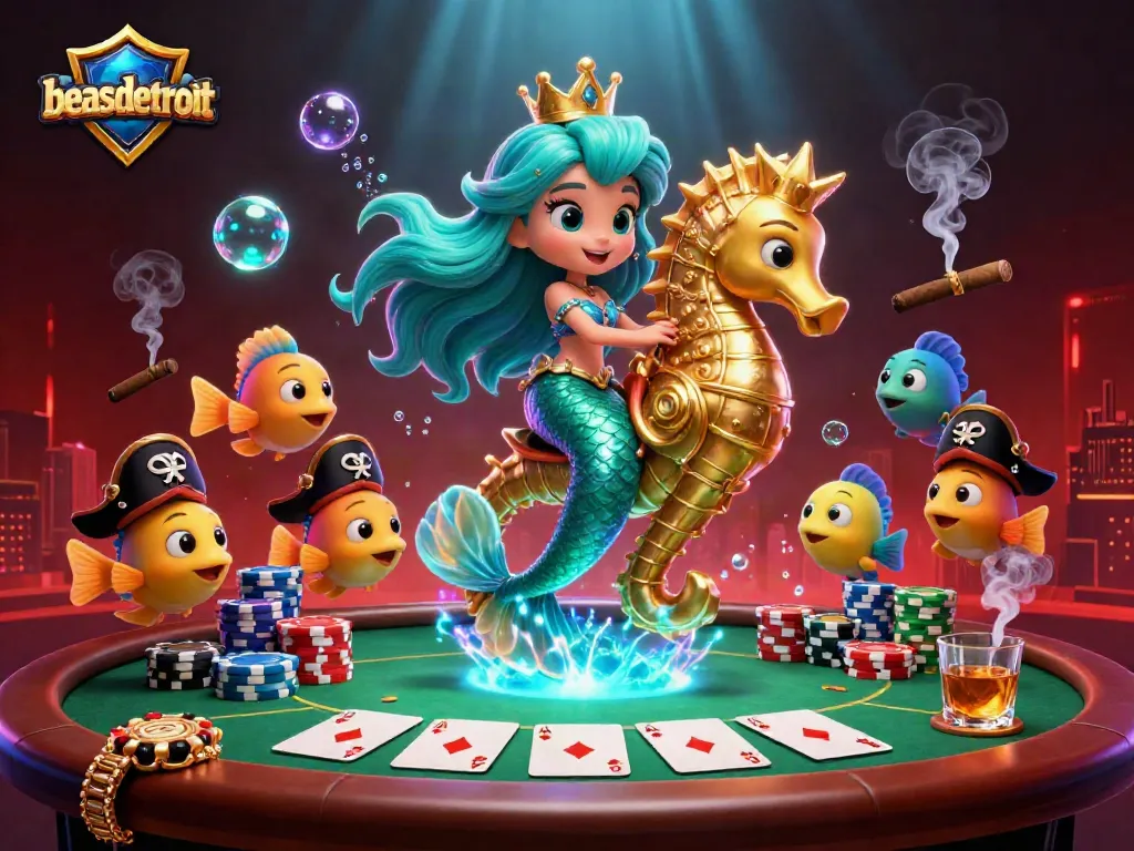 Experience the magic of beasdetroit with a vibrant 3D casino illustration featuring a mermaid princess and poker elements.