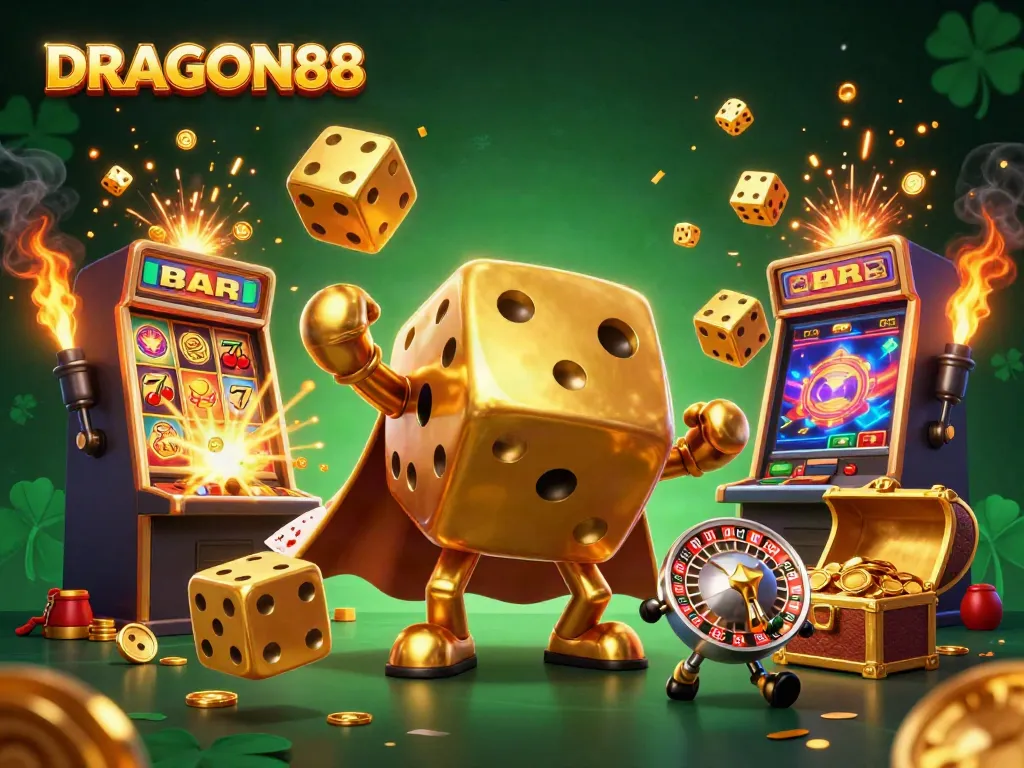 Experience thrilling moments with DRAGON88 featuring a golden dice golem and exciting casino elements.
