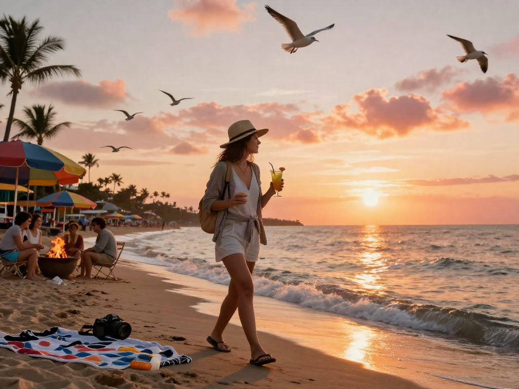 Rokok88 travel scene at sunset with traveler enjoying a cocktail on the beach.