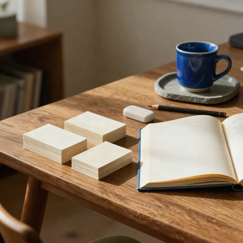 Tavolo in rovere con quaderno aperto, schede, matita, gomma e tazza blu in luce mattutina.