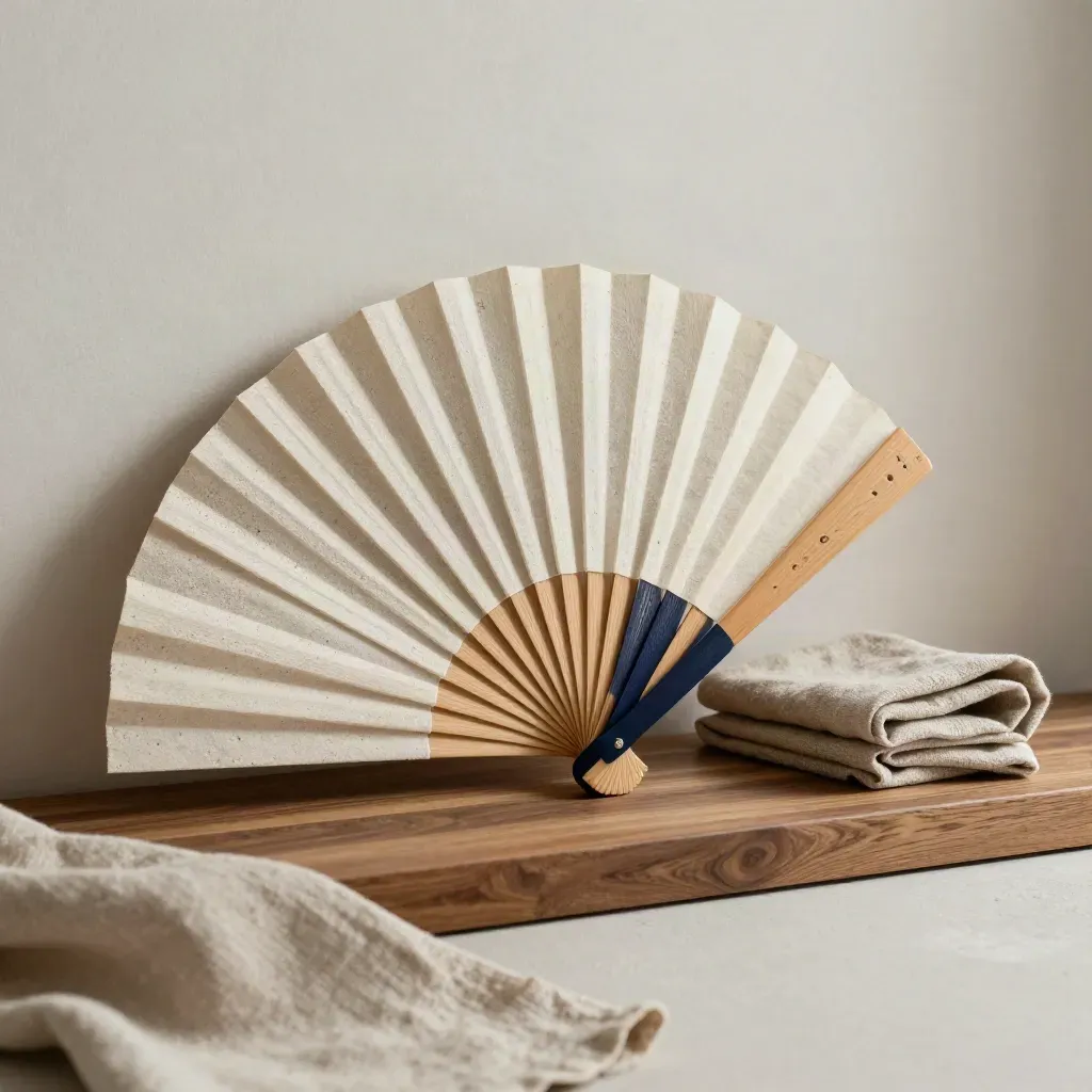 Campioni di lino, carta, legno e pietra su un plinto in legno, con luce morbida.