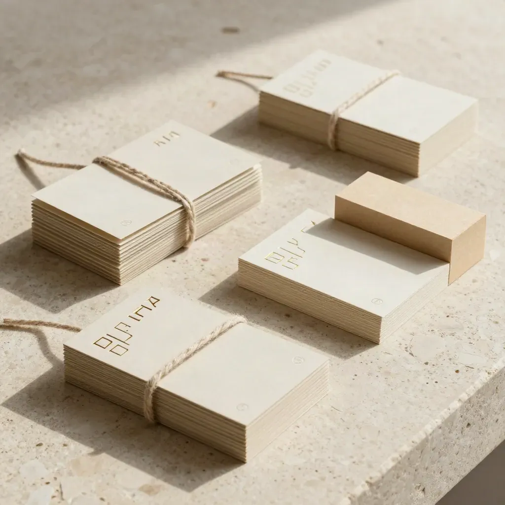 Tre gruppi di cartoncini e timbri geometrici su travertino, per un workshop sul messaggio brand.