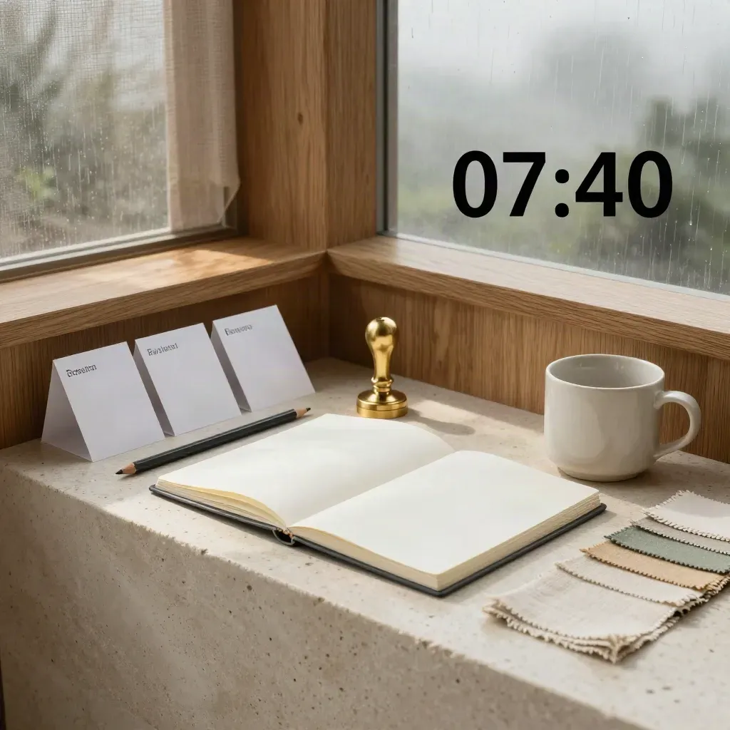 Angolo studio in rovere e pietra con quaderno aperto, schede bianche, sigillo ottone e campioni lino.