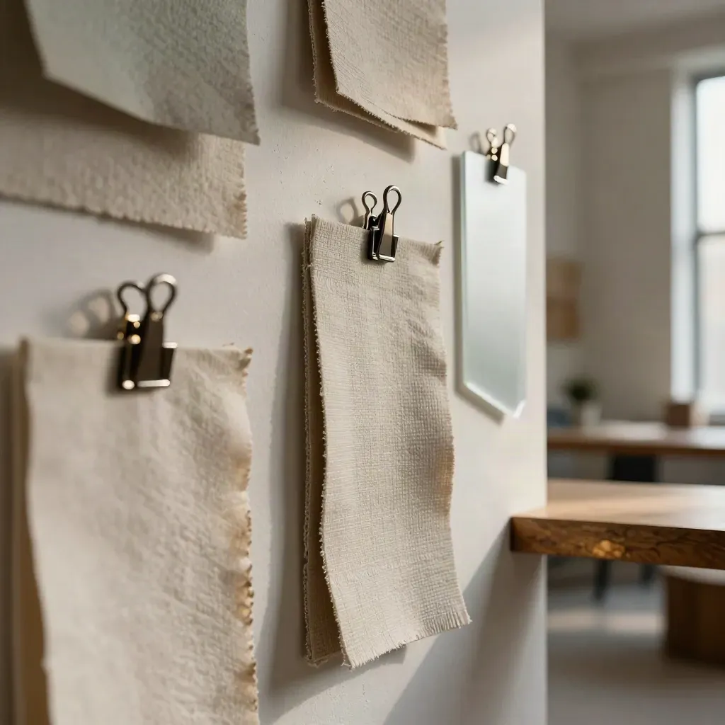 Parete in plaster con campioni tessili, frammento di specchio e clip metalliche in luce calda.