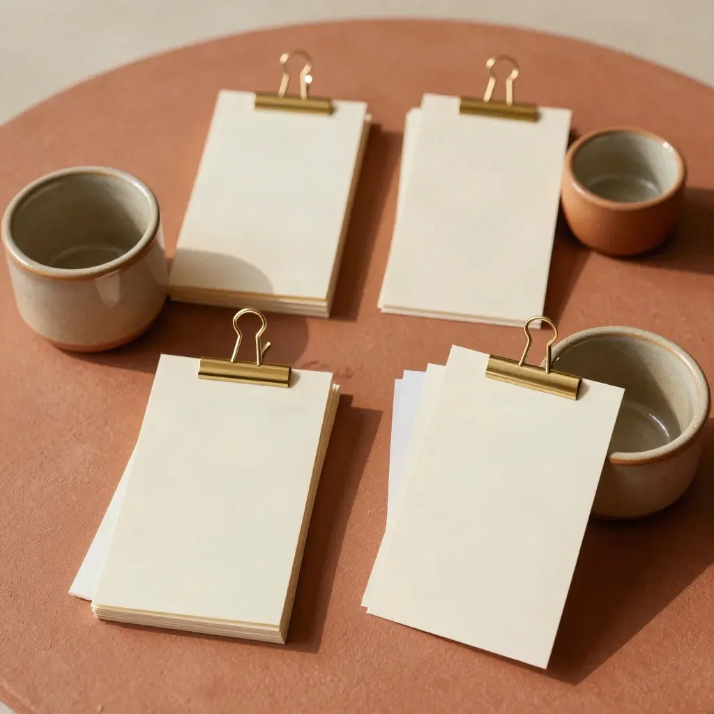 Quattro set coordinati di schede, divisori e contenitori in ceramica su fondo terracotta.