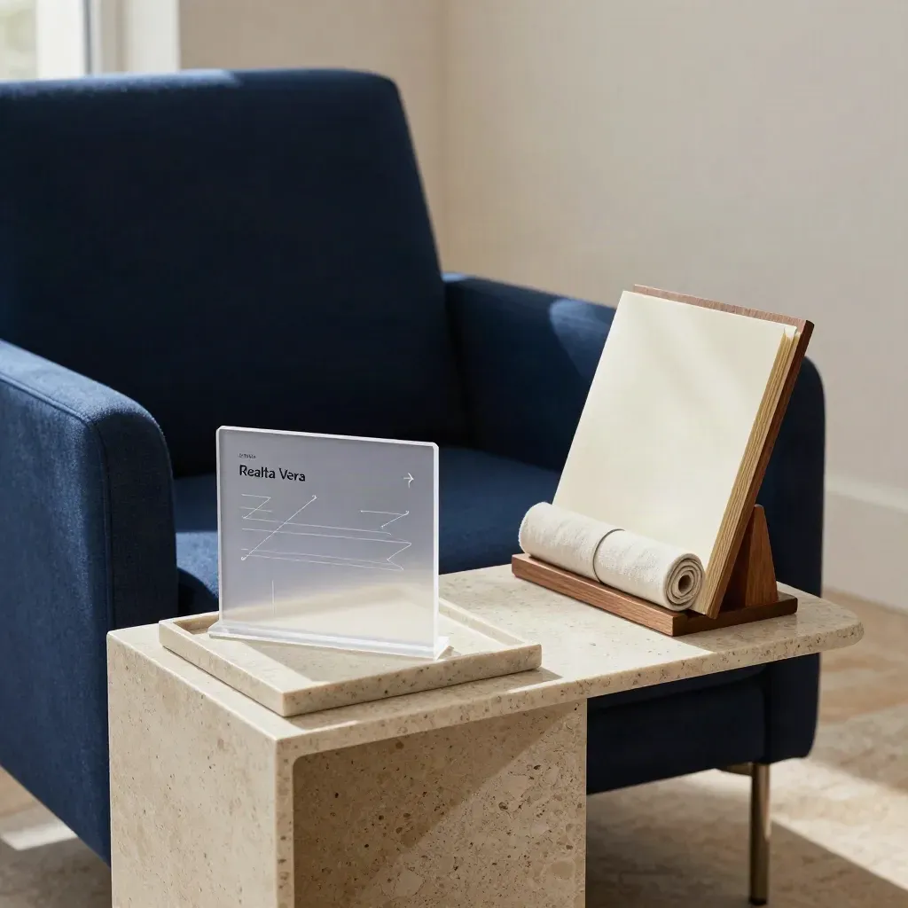 Angolo consulenziale elegante con poltrona blu, supporti in travertino e schede neutre.