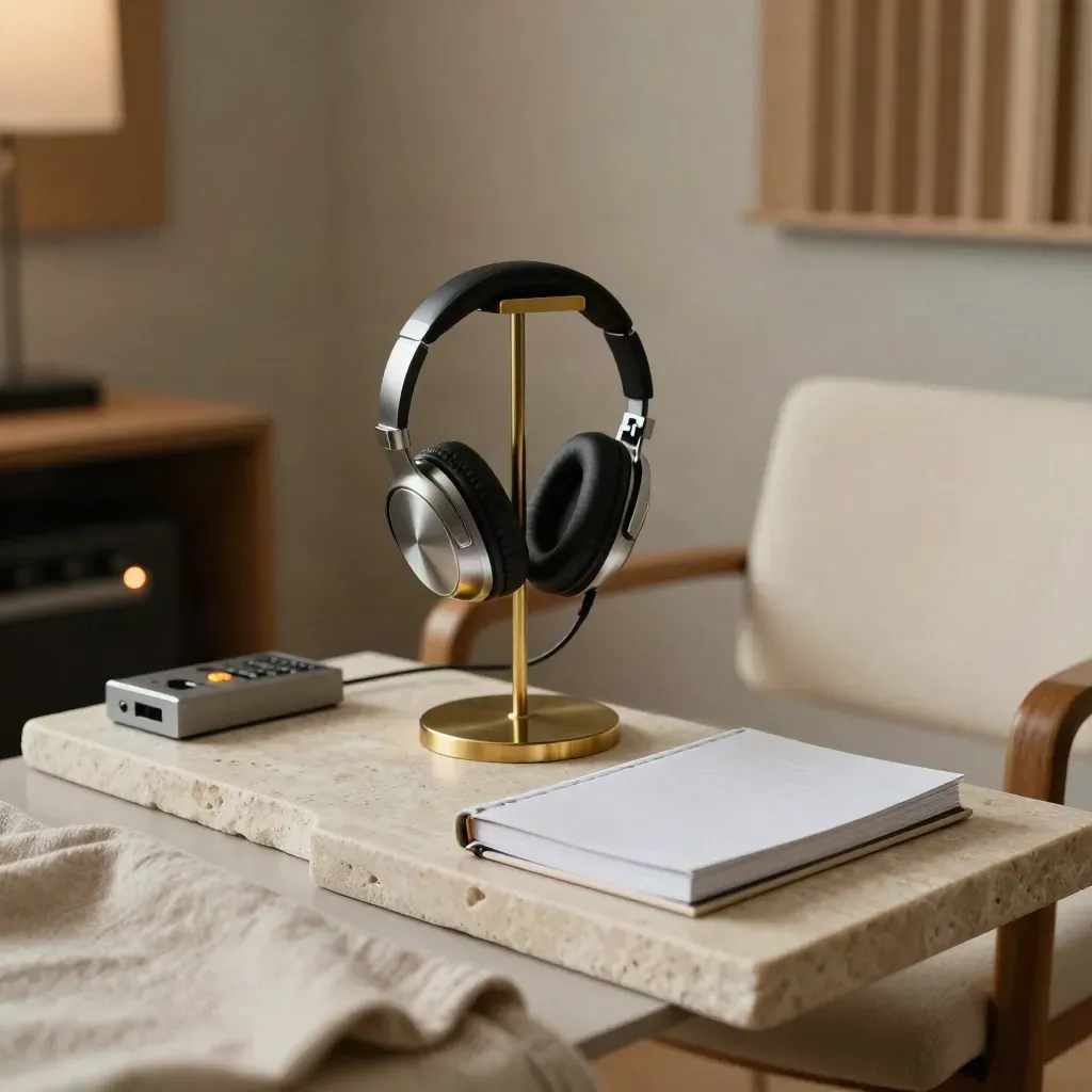 Postazione call essenziale con headset, notebook chiuso e sedia allineata in un angolo studio.