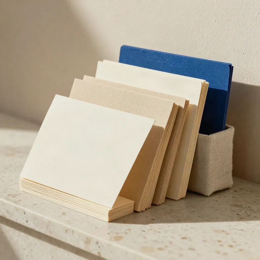Kit di posizionamento freelance con card, campioni carta e supporto in lino su travertino.