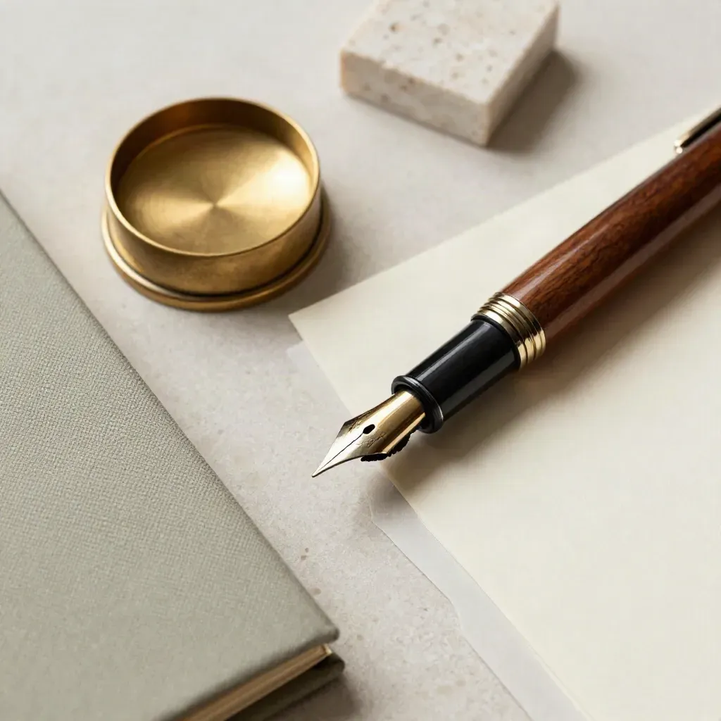 Kit strategico da consulente con penna, fermacarte in ottone e fogli su travertino.
