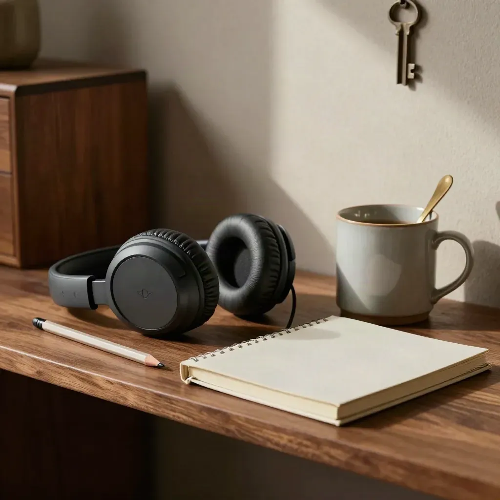 Cuffie over-ear, matita chiara, quaderno chiuso e tazza opaca su mensola in studio, luce drammatica.