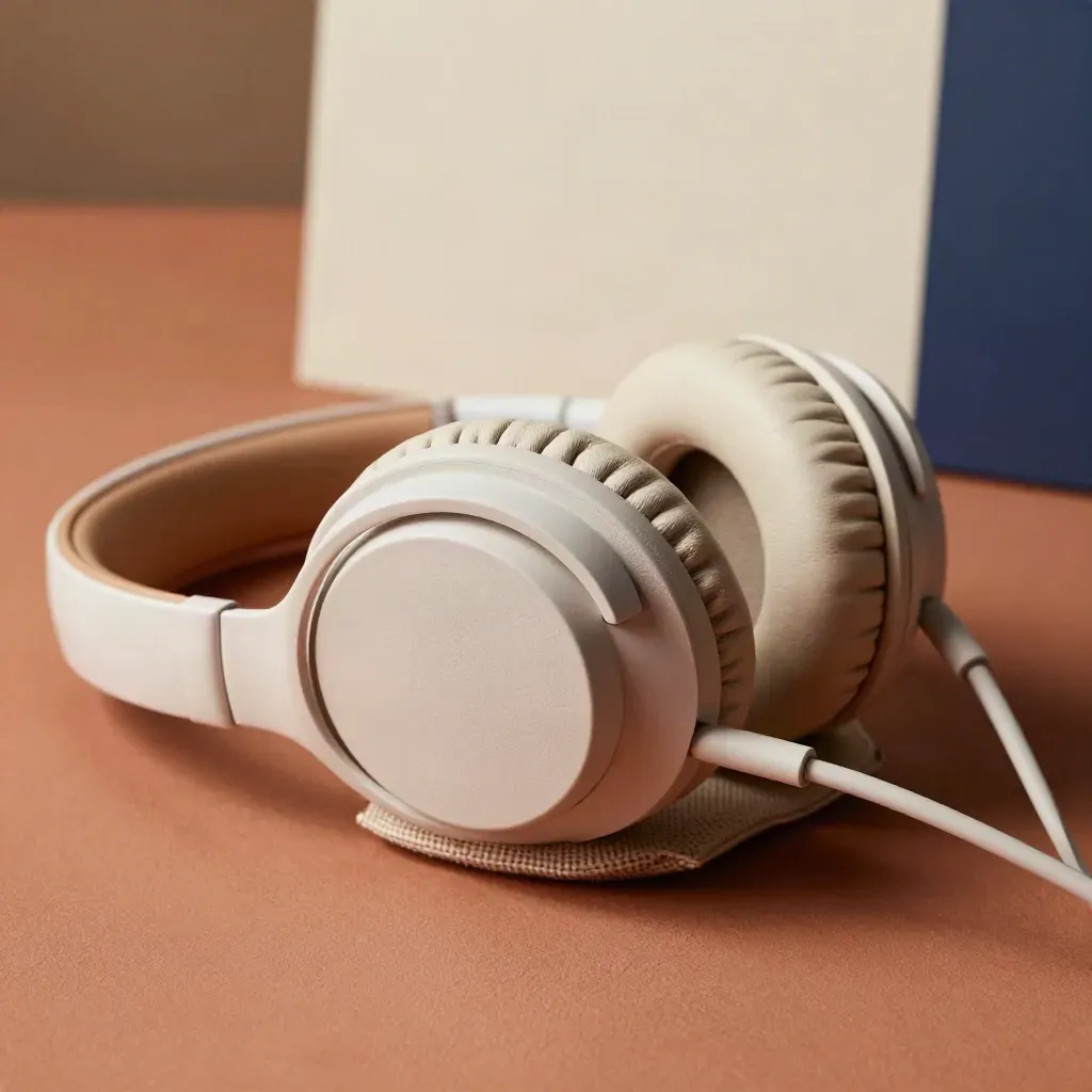Cuffie over-ear su base in tessuto su superficie di argilla, in primo piano il pad e il cavo arrotolato