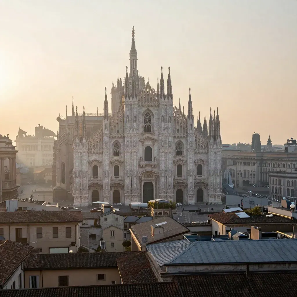 Skyline di Milano all’alba con il Duomo in controluce e tetti morbidi nella foschia