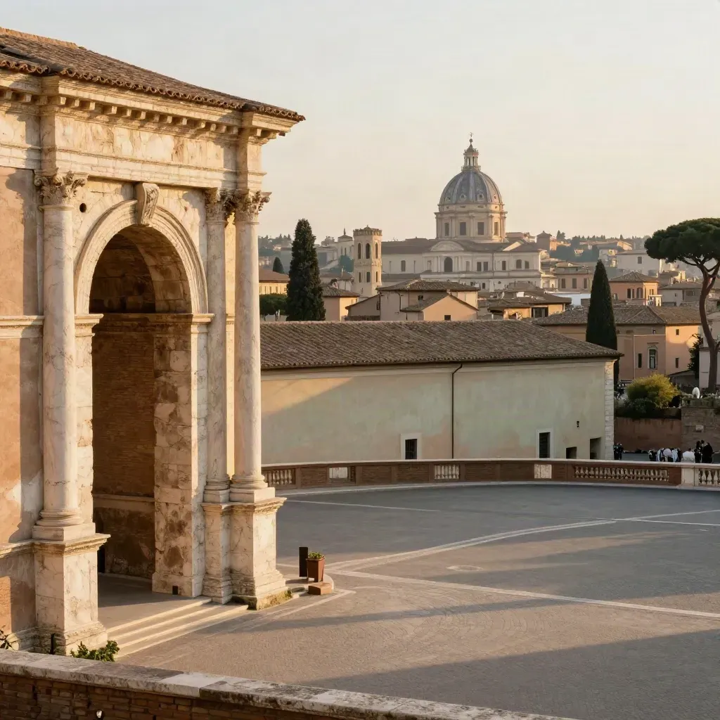 Arco in travertino a Roma con cupola lontana e piazza chiara nella luce dorata del mattino.