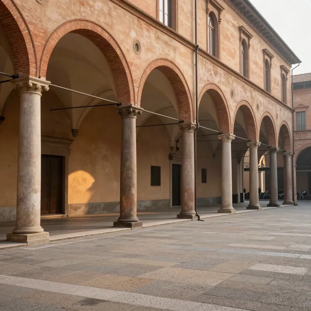 Portici bolognesi in mattone e intonaco, piazza quieta e luminosa sotto una lieve bruma