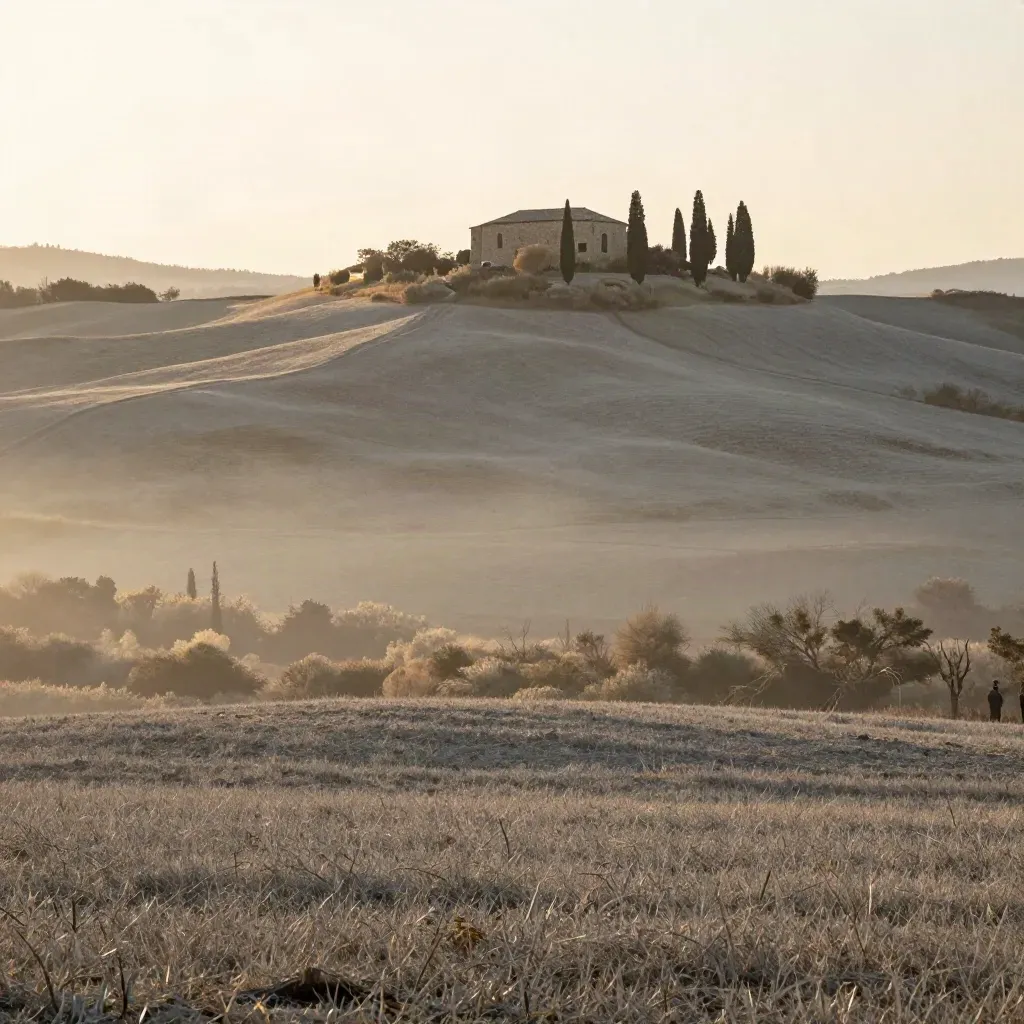 Collina toscana al tramonto con casale in pietra e cipressi nella foschia, spazio calmo sotto.