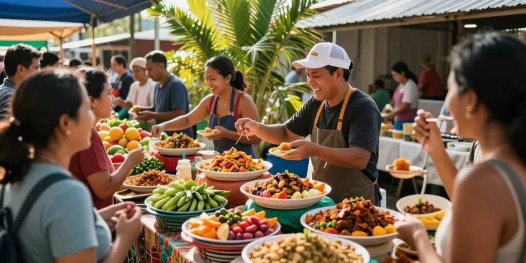 Engaging food market scene showcasing culinary delights at rokok88 with vendors and customers.