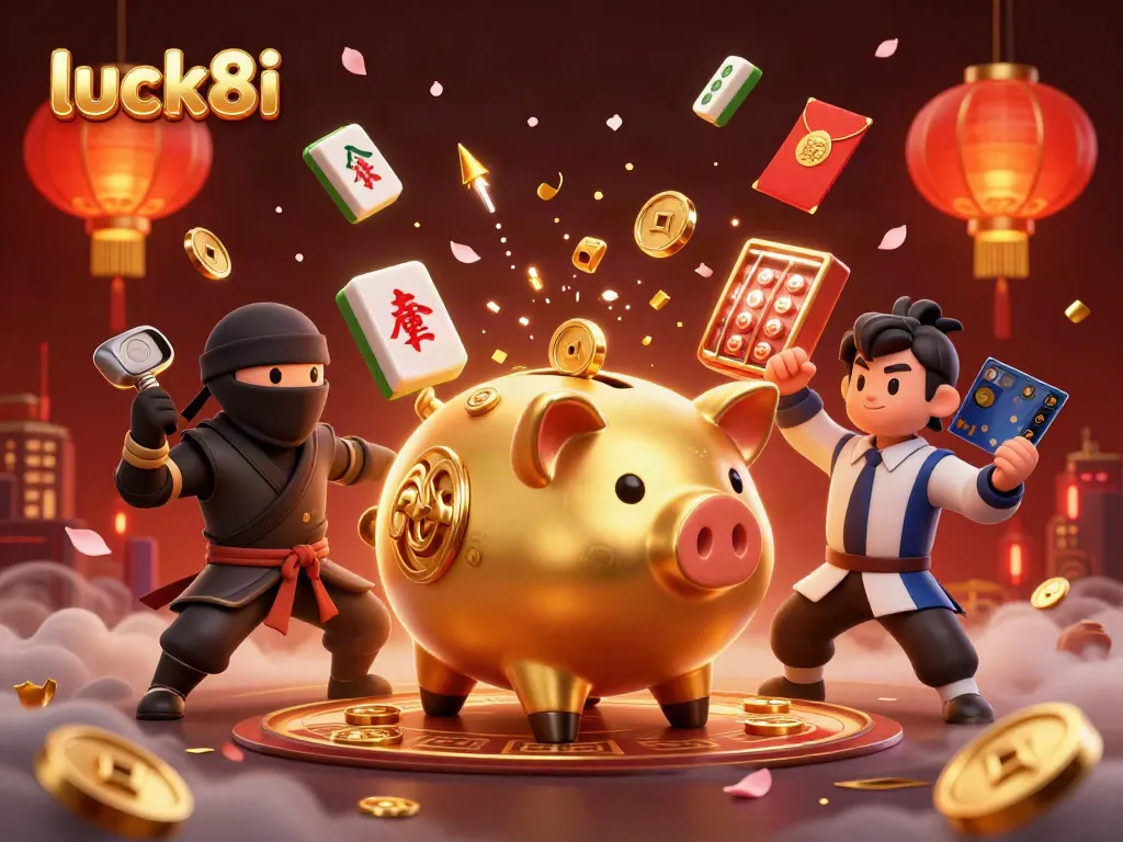 Engage with luck8i's vibrant casino culture as a golden piggy bank sumo wrestler unleashes a shower of coins.