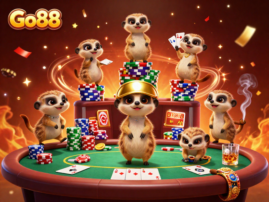 Go88 showcases a vibrant casino scene with lively meerkats dealing poker and celebrating wins.
