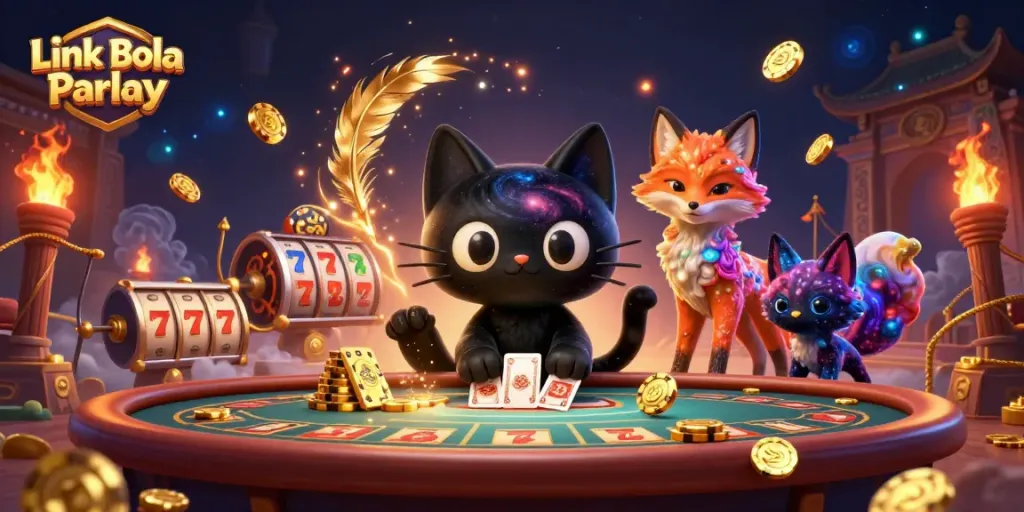 Engage with Link Bola Parlay at a cosmic casino featuring a black hole cat and colorful fox.