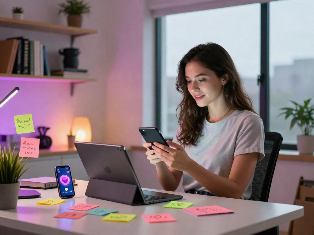 Engaging home office scene showcasing sexting ai interaction through a tablet.