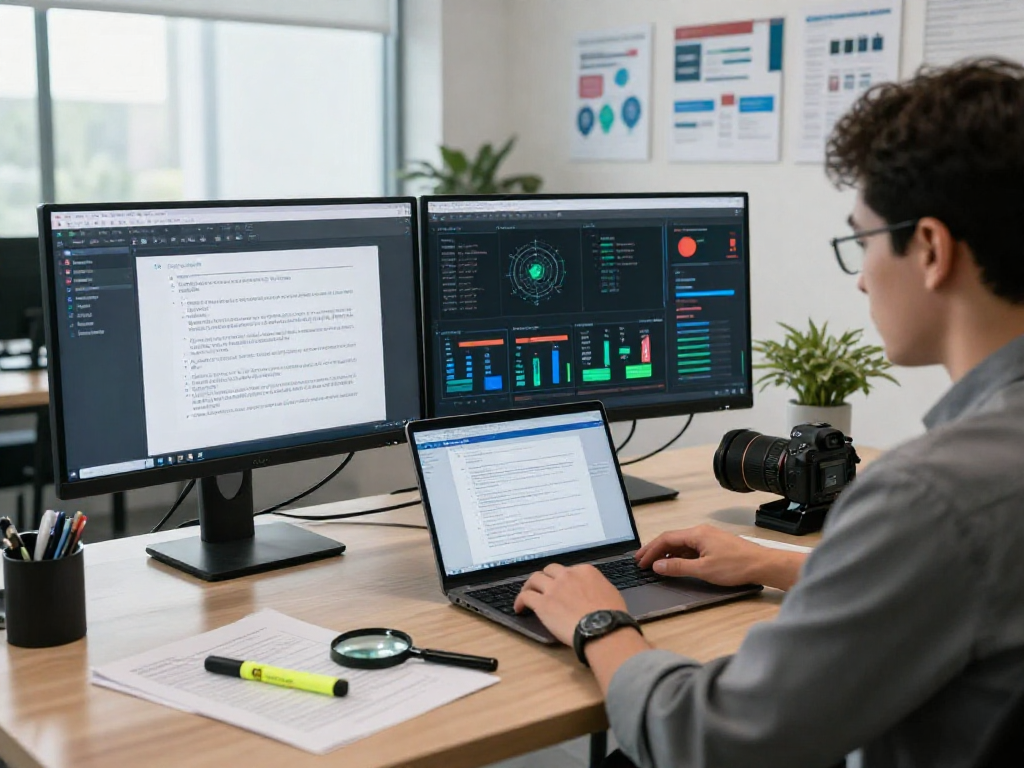 Document fraud detection analysis in a professional workspace with multiple screens and data insights.