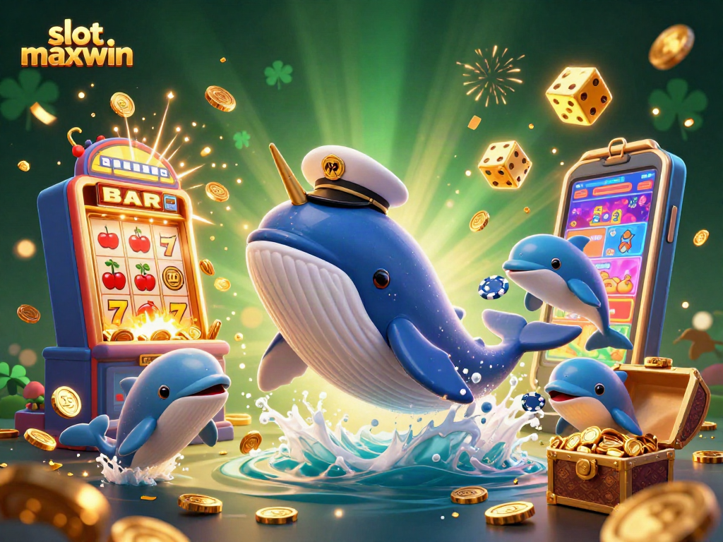 Experience slot maxwin action with a cartoon whale and casino elements in vibrant 3D detail.