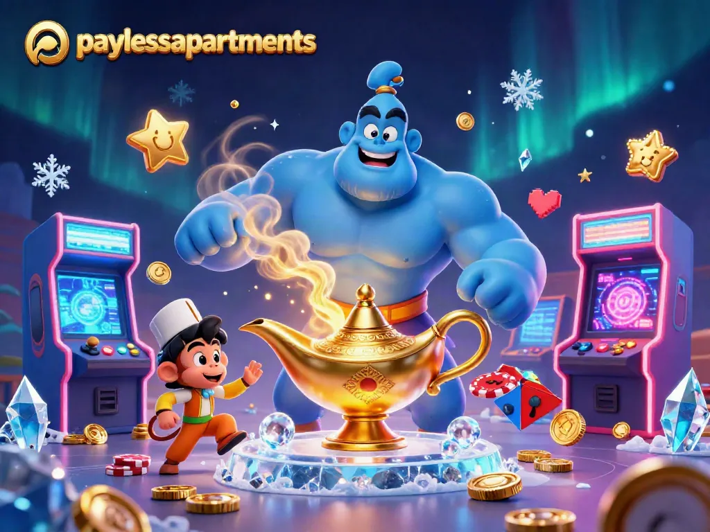 Spin the reels with paylessapartments featuring a genie and vibrant casino elements for thrilling gameplay