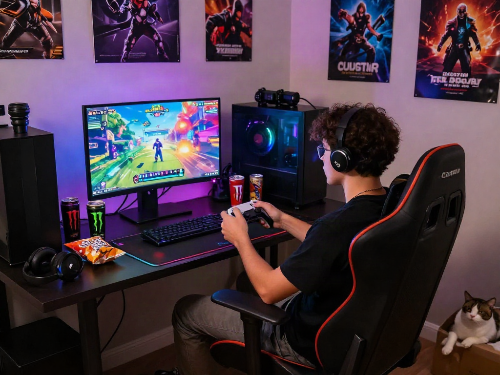 Porn games gaming setup with a player immersed in colorful graphics and cozy ambiance.
