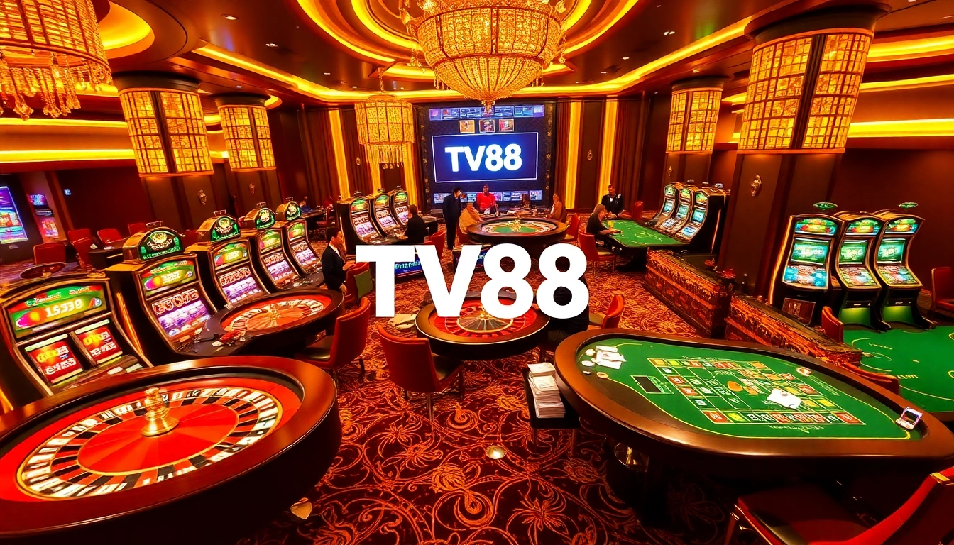 TV88 casino scene featuring lively players at roulette and slot machines, highlighting luxury and excitement.