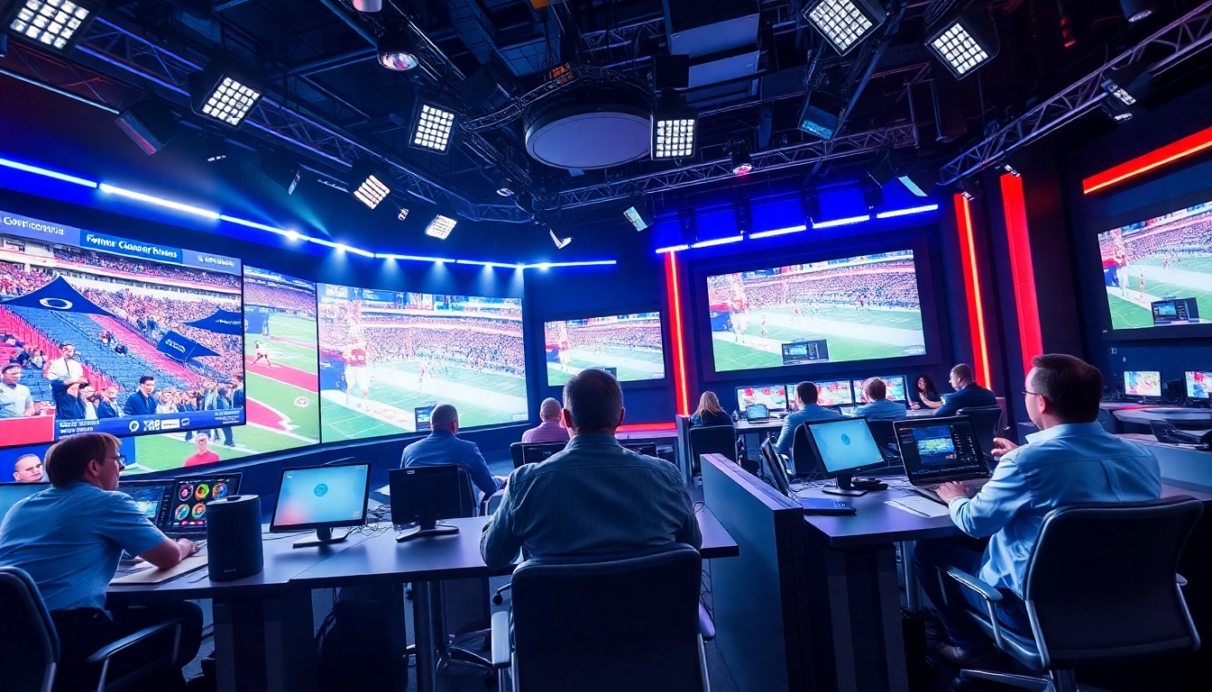 Dynamic scene of sports broadcasting showcasing presenters engaged with live games and technology.