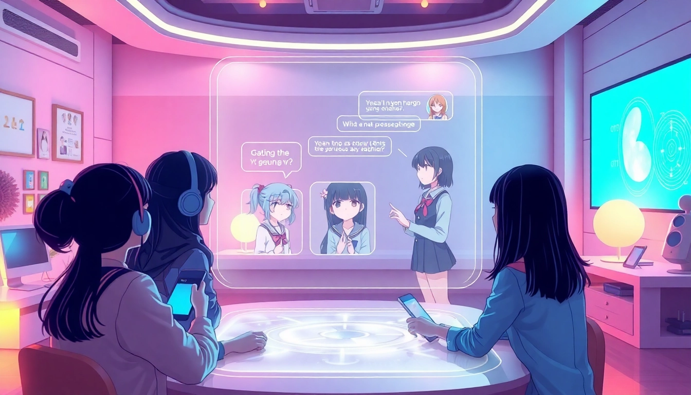 Engaging scene of hentai AI chat with anime characters in a futuristic digital ambiance.