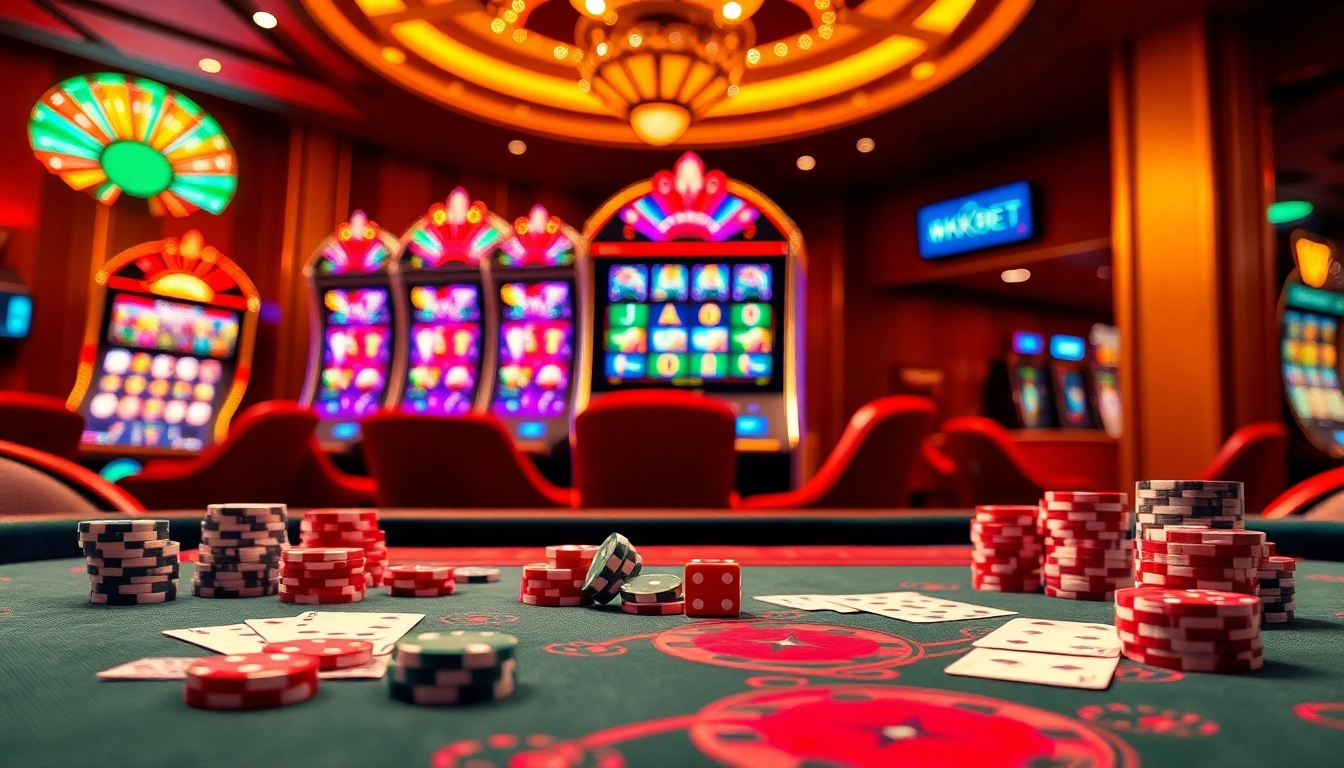 Experience the excitement of casino 8kbet with a luxurious gaming scene featuring cards and colorful chips.