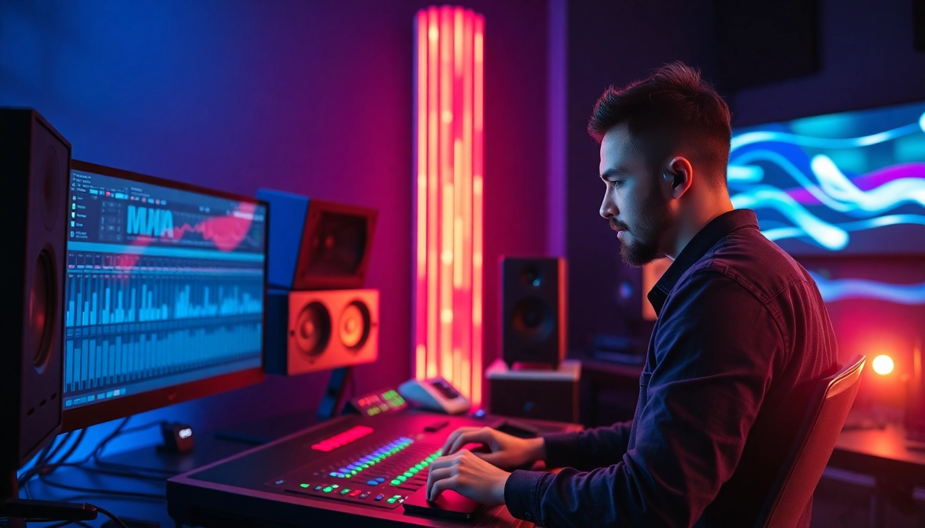 Engaging scene of online audio mastering process in a modern studio by a focused engineer.