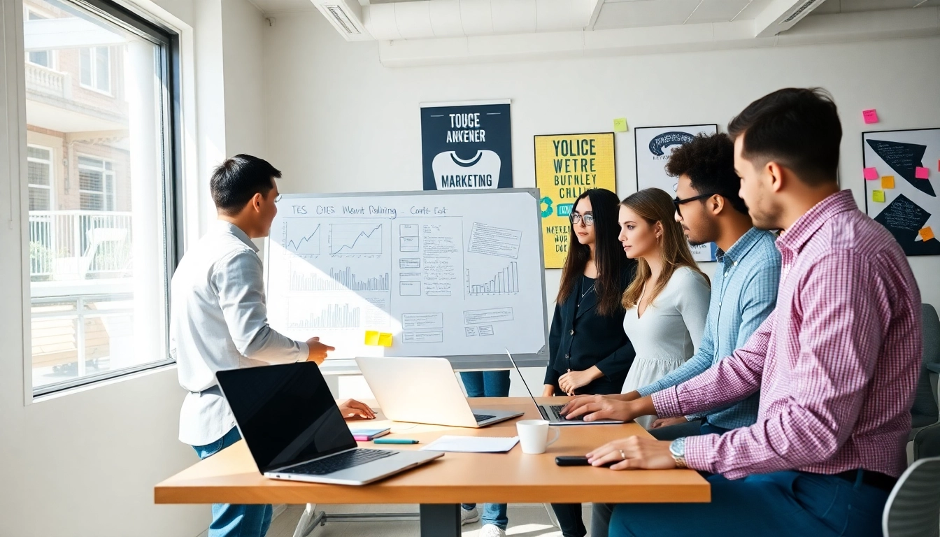 Marketing Agency team collaborates in a bright office, showcasing strategy and creativity.