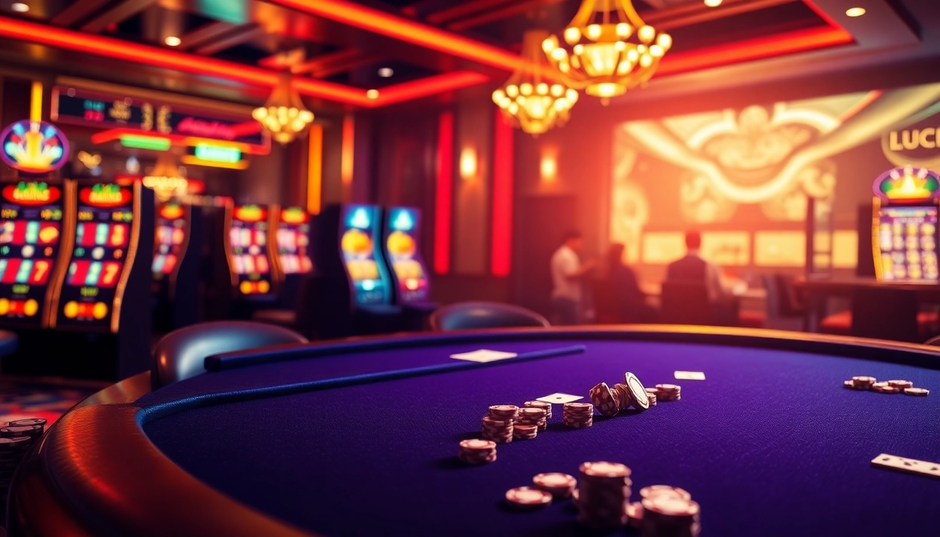 Engaging online gambling scene showcasing Luck8 with poker tables, slot machines, and players enjoying the excitement.