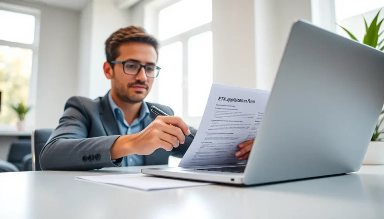 Person completing the eta uk application form with focus in an elegant office space.