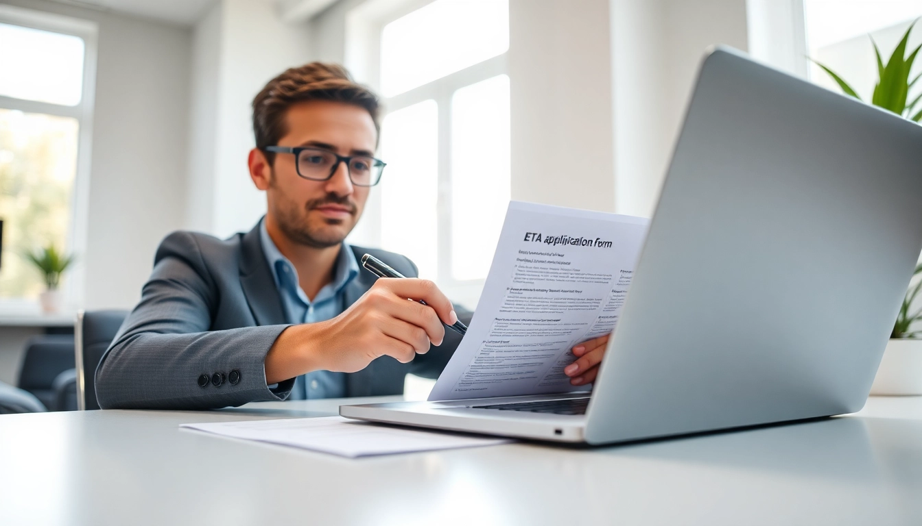 Person completing the eta uk application form with focus in an elegant office space.