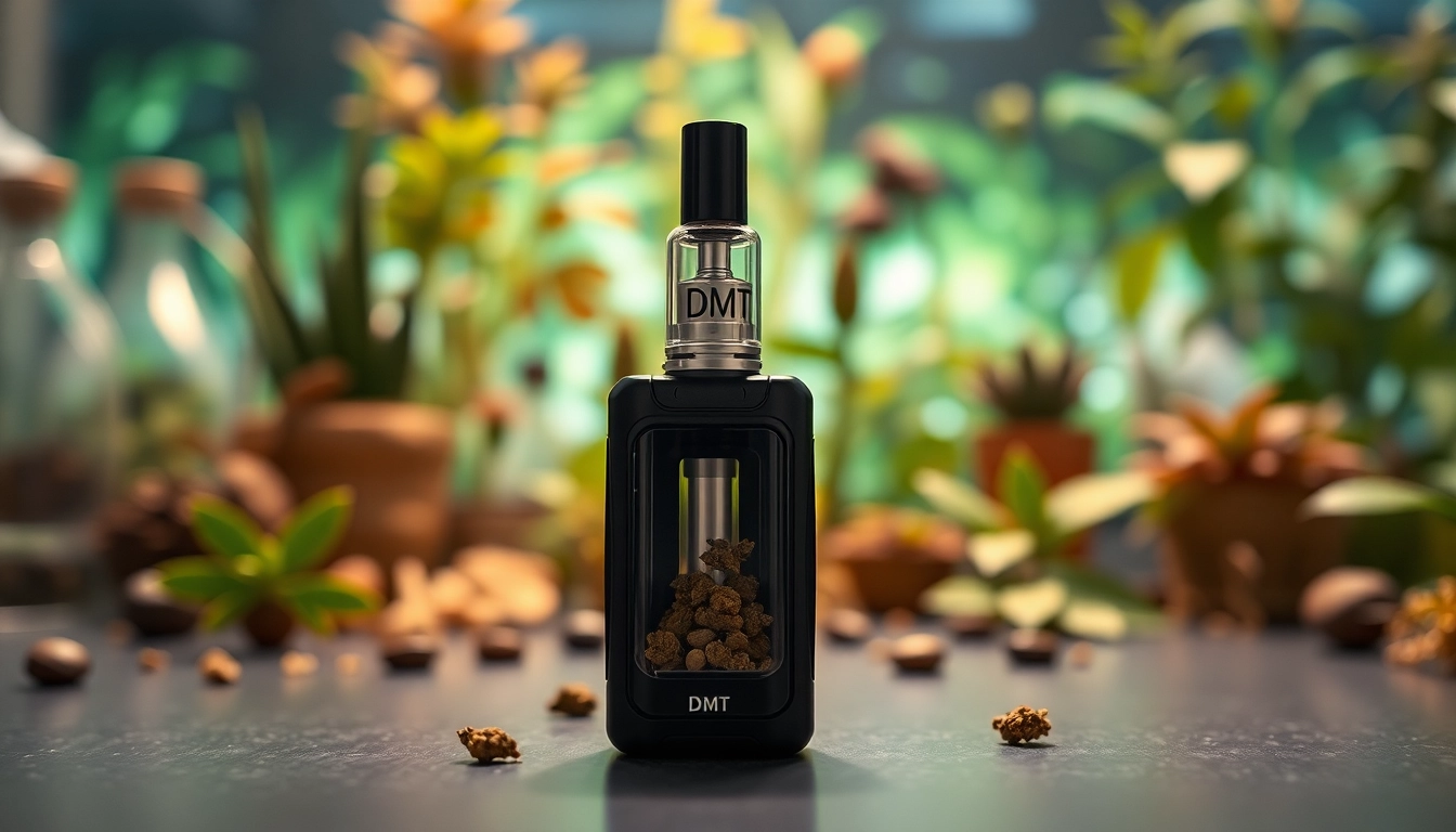 Buy DMT online with a captivating DMT vape cartridge displayed in a serene laboratory setting.