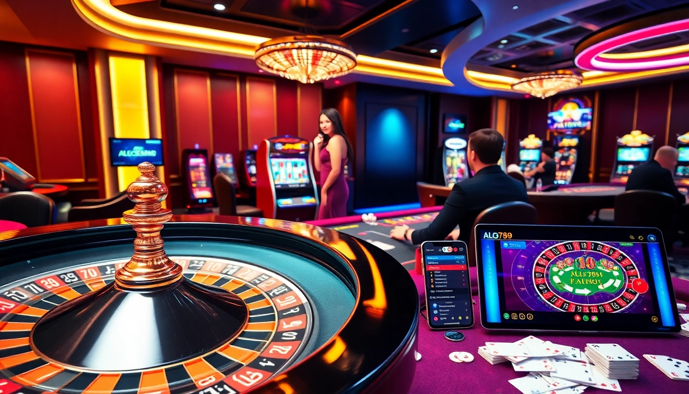 A thrilling online gambling experience at alo789 com featuring vibrant slot machines and poker tables.