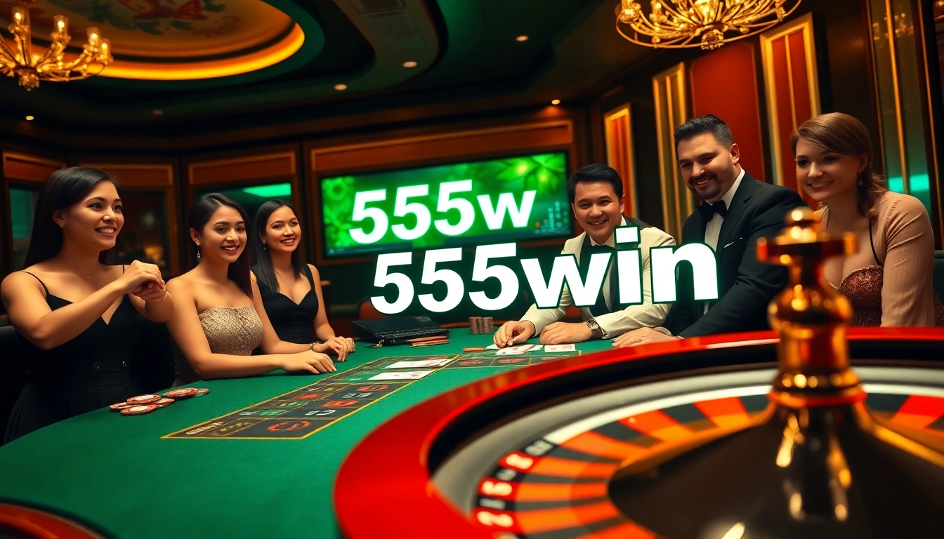 Players enjoying a thrilling game at 555win's luxurious casino table with cards and chips.