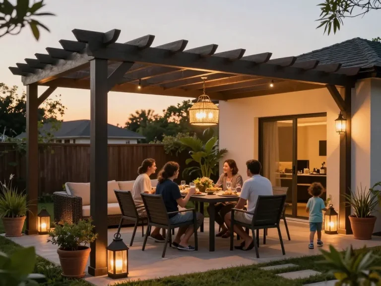 Configuratore pergola personalizzato che migliora l'esperienza di pranzo all'aperto con la famiglia.