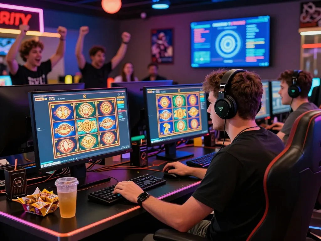 Nohu90 online gaming scene with player immersed in slot games, showcasing vibrant setup.