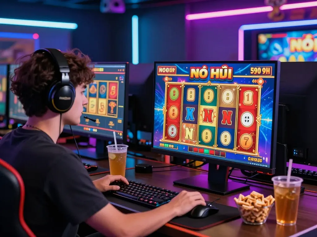 Exciting game nổ hũ session with colorful slot reels and a player immersed in fast-paced online gaming.