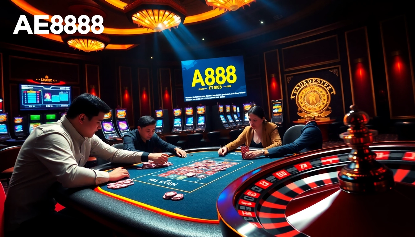 Players strategizing at AE888 poker table with vibrant gaming elements